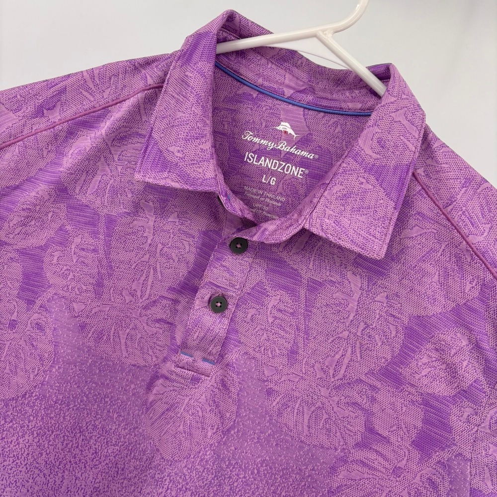 Tommy‎ Bahama Polo Shirt Mens L Purple Excellent IslandZone Tropical Leaf UPF 30